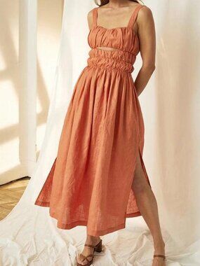 Mon Renn Bailey Linen Smocked Cutout Midi Dress Papaya